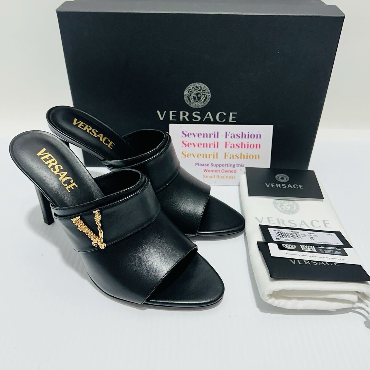Versace Virtus Leather Open Toe Mule Heel Sandal Black Gold Versace Virtus Leather Open Toe Mule Heel Sandal Black Gold