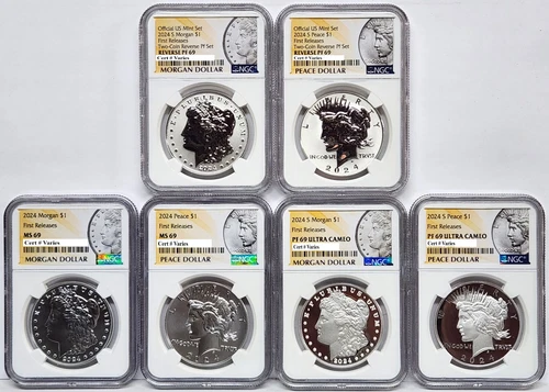 6 coin set 2024 morgan peace silver dollars ngc ms pf rp 69 fr