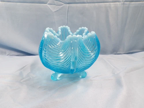 Fenton Blue Opalescent Glass Drape Drapery 3 Toed Footed Rose Bowl Vase