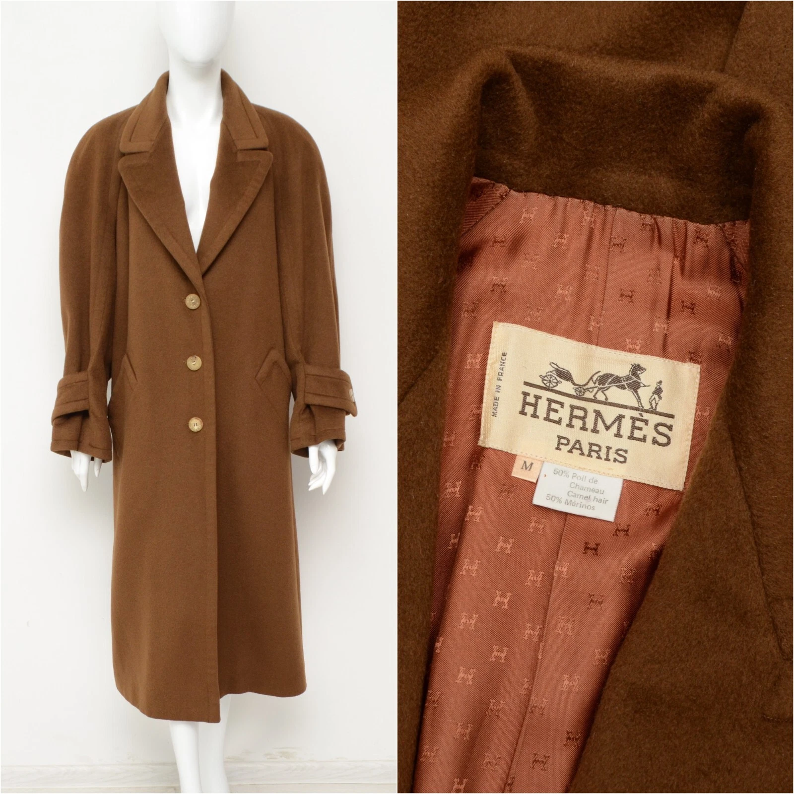 HERMÈS Autentico cappotto vintage donna Hermes Paris capelli cammello lana merino taglia M Medium