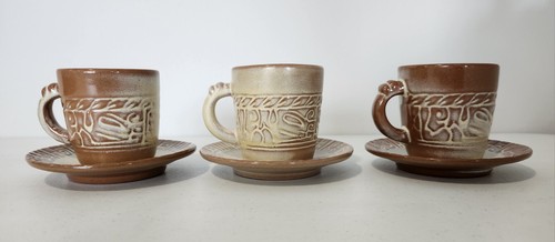 Frankoma Mayan Aztec Desert Gold Lot of 6 - 3 Cups (7C) & 3 Saucers/Plates (7E) - Picture 2 of 6
