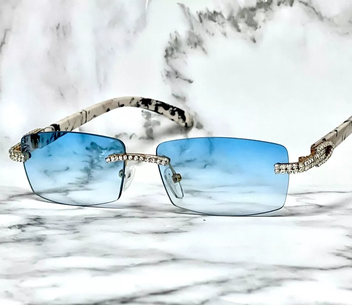 Men's Sunglasses Blue Brown Lens Rhinestone Crystal Buffs Rimless Retro  Style