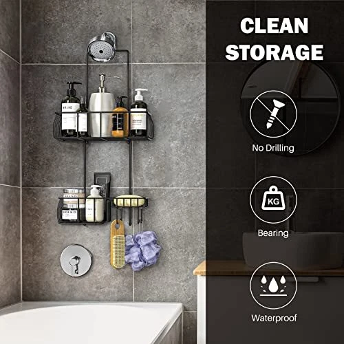 Shower Caddy Hanging, Anti-Swing Over Head Shower Caddy Rustproof Matte Black