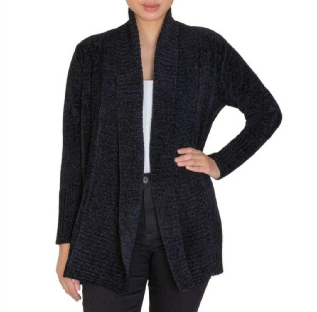 Seven 7 Sweater Womens Black Long Sleeve Open Front Chenille