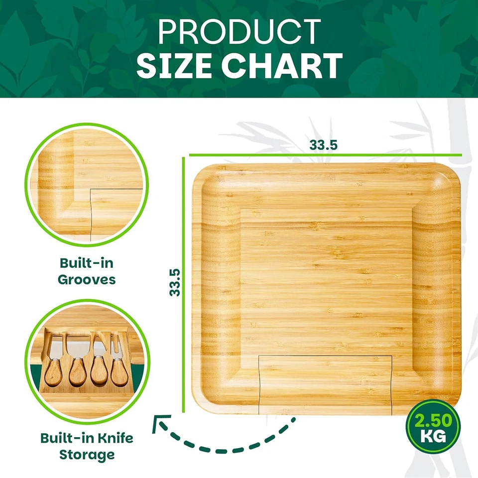 Bamboo Cheese Board Gift Set Wooden Charcuterie Serving Platter with 4 Knives - Image 2 of 4