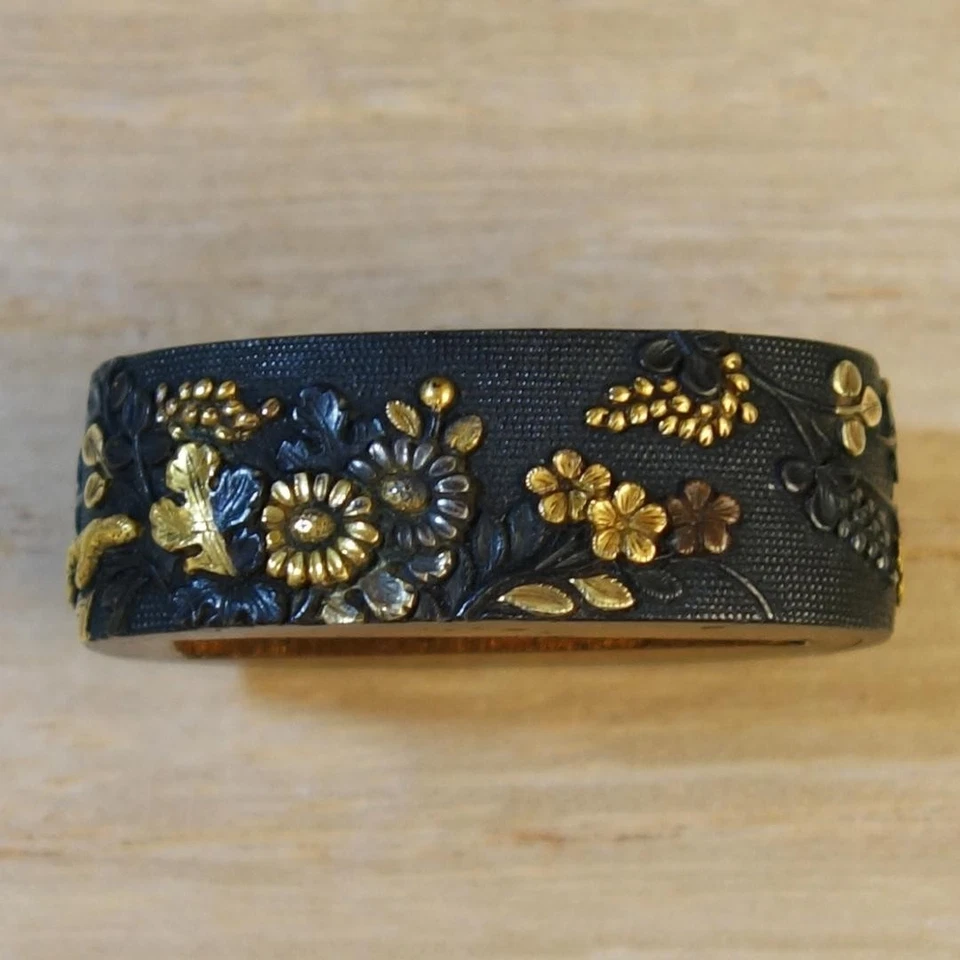 Sword Fittings Fuchi Kashira Tsuba Red Copper Fishroe Ground Inlay Garden - Image 2 of 4