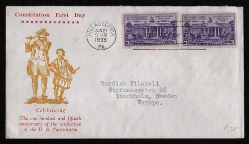 #835 3c Constitution Ratification-Open at Top-To Sweden Unknown FDC