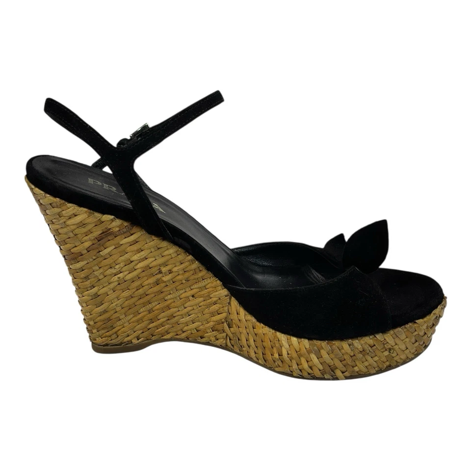 PRADA Alpargata de Gamuza Negra Plataforma Eslinga Mimbre Tacones de Cuña 38.5/8 EE. UU. Foto 2 de 4