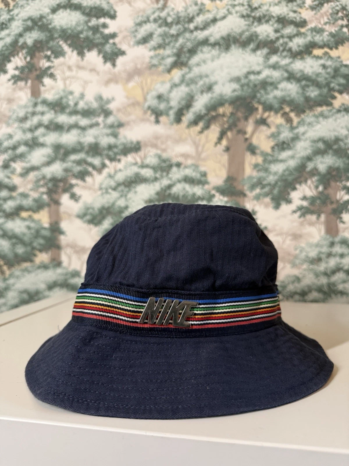 Vintage Nike Metal Logo Bucket Hats Panama Rainbow Band Size medium to large.
