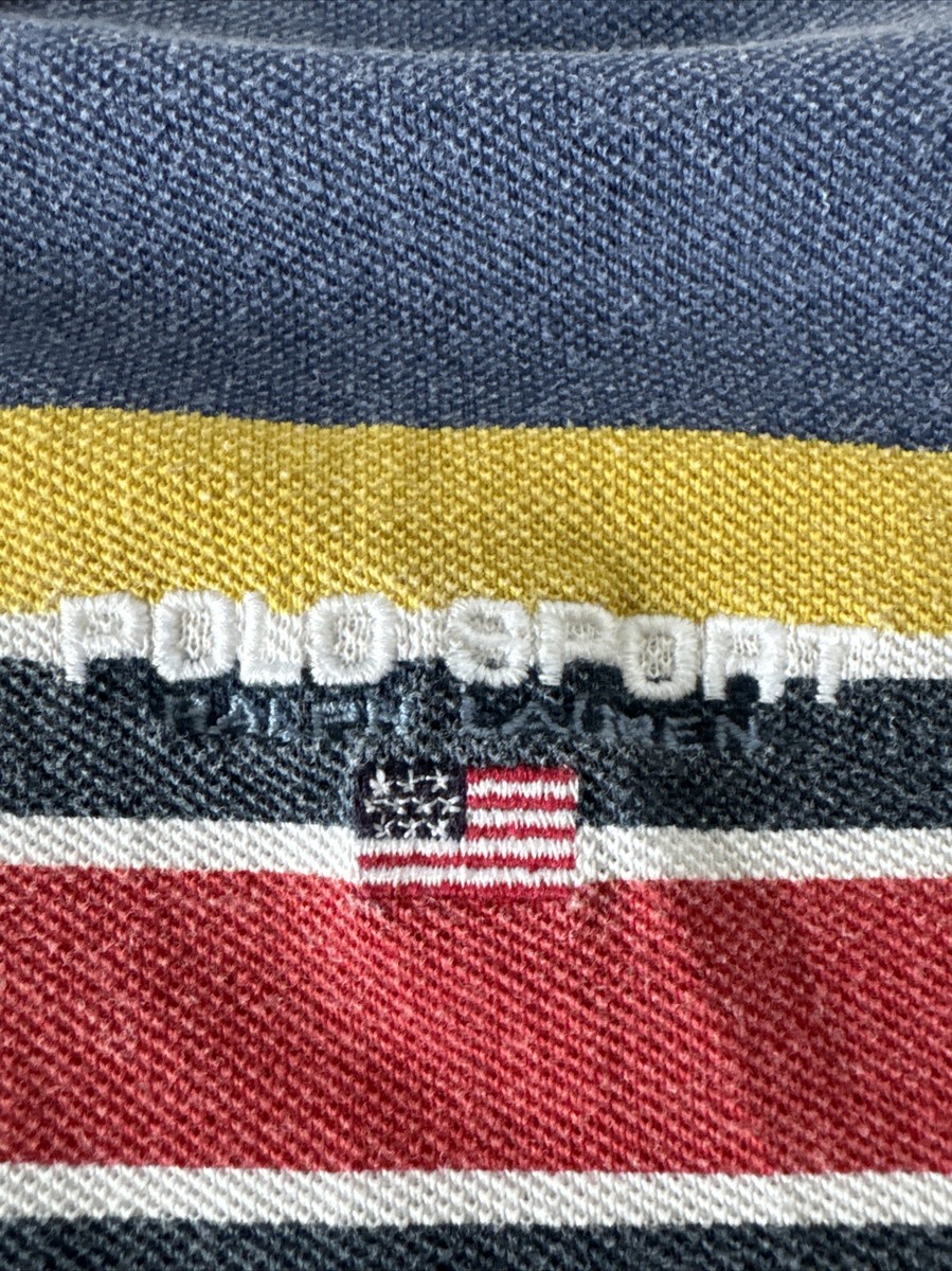 Vintage POLO Sport Ralph Lauren Blue Red Yellow Striped SS Polo XL