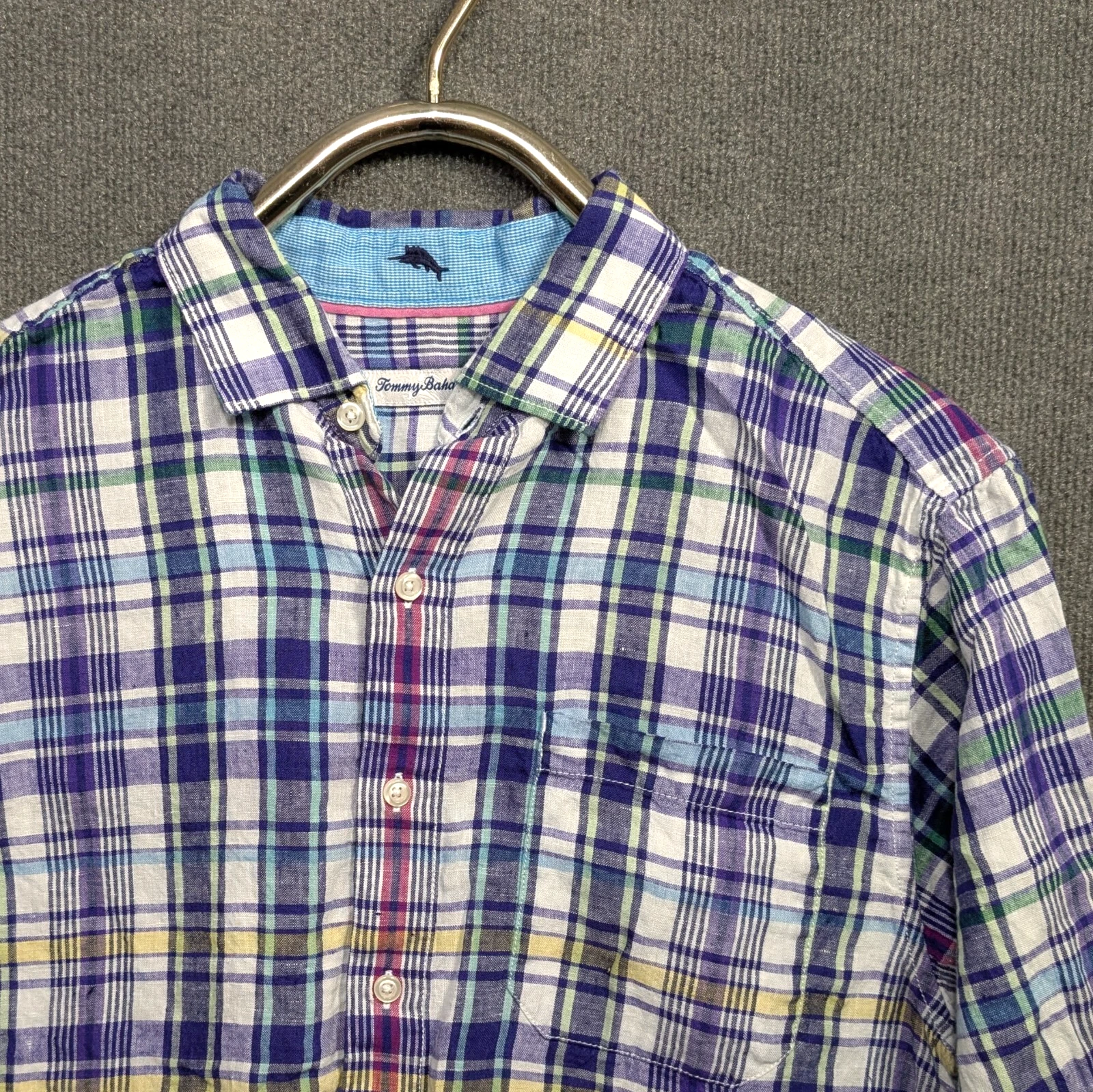 Tommy Bahama Linen Shirt Men Medium Colorful Plaid Casual Menswear Beachy Travel
