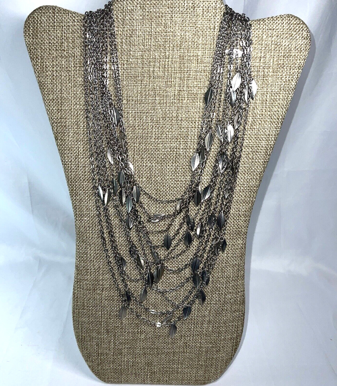 Multi Strand Stacked Silver Tone Dangle Leaf Neck… - image 1