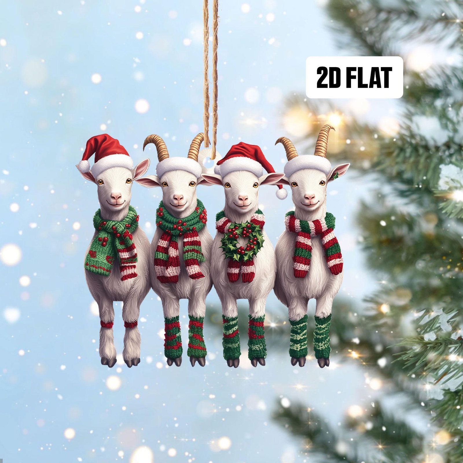 Cute Goat 2D Flat Ornament  Farmhouse Christmas Tree Ornament  Goat Santa Christ
