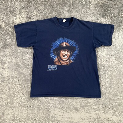 Vintage Dr Who Shirt Mens Medium Blue Crew Neck Tom Baker 4th Doctor Y2K Sci Fi