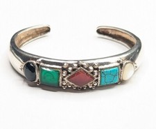 Sterling Silver Multi Gemstone Geometric Cuff Bracelet 27g