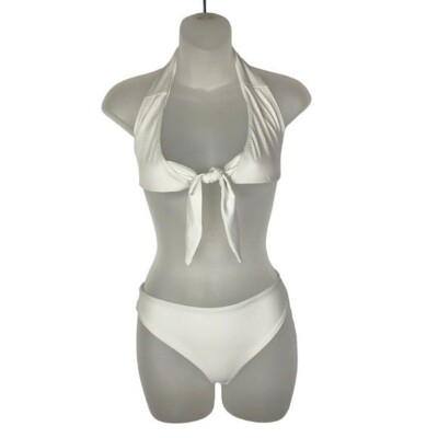 Almost Naked White Tie Bust Halter Thong Bikini S
