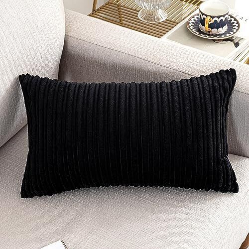 UGASA Velvet Lumbar Throw Pillow Cover, Both Sides Corduroy 12" x 20" Black - Bild 1 von 6