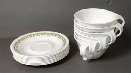 6 Vtg Corelle Spring Blossom Crazy Daisy Green Hook Handle Coffee Cups 8 Saucers