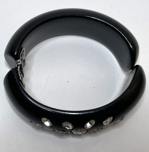 Vintage 60s Weiss Black Lucite Floral Rhinestone Bangle Bracelet Hinged Clamper - Picture 7 of 11