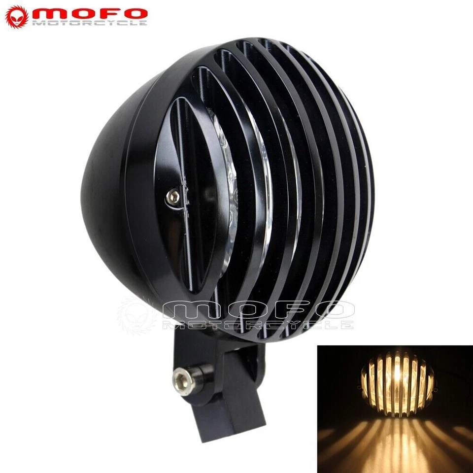 E-Mark 4.5" Finned Grilled Headlight H4 Bulb Fit For Harley Chopper Cafe Racer — 第 4/4 张图片