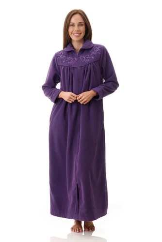 Womens Givoni Purple Zip Long Length Fleece Winter Dressing Gown Robe 77
