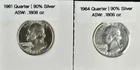 BU 90% Silver Washington Quarters 2 Coin Lot 1961 & 1964