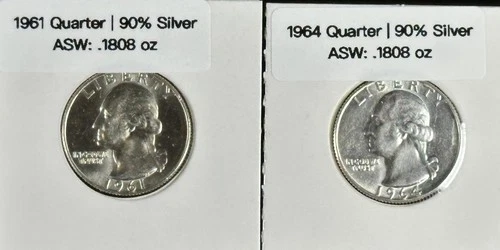 BU 90% Silver Washington Quarters 2 Coin Lot 1961 & 1964