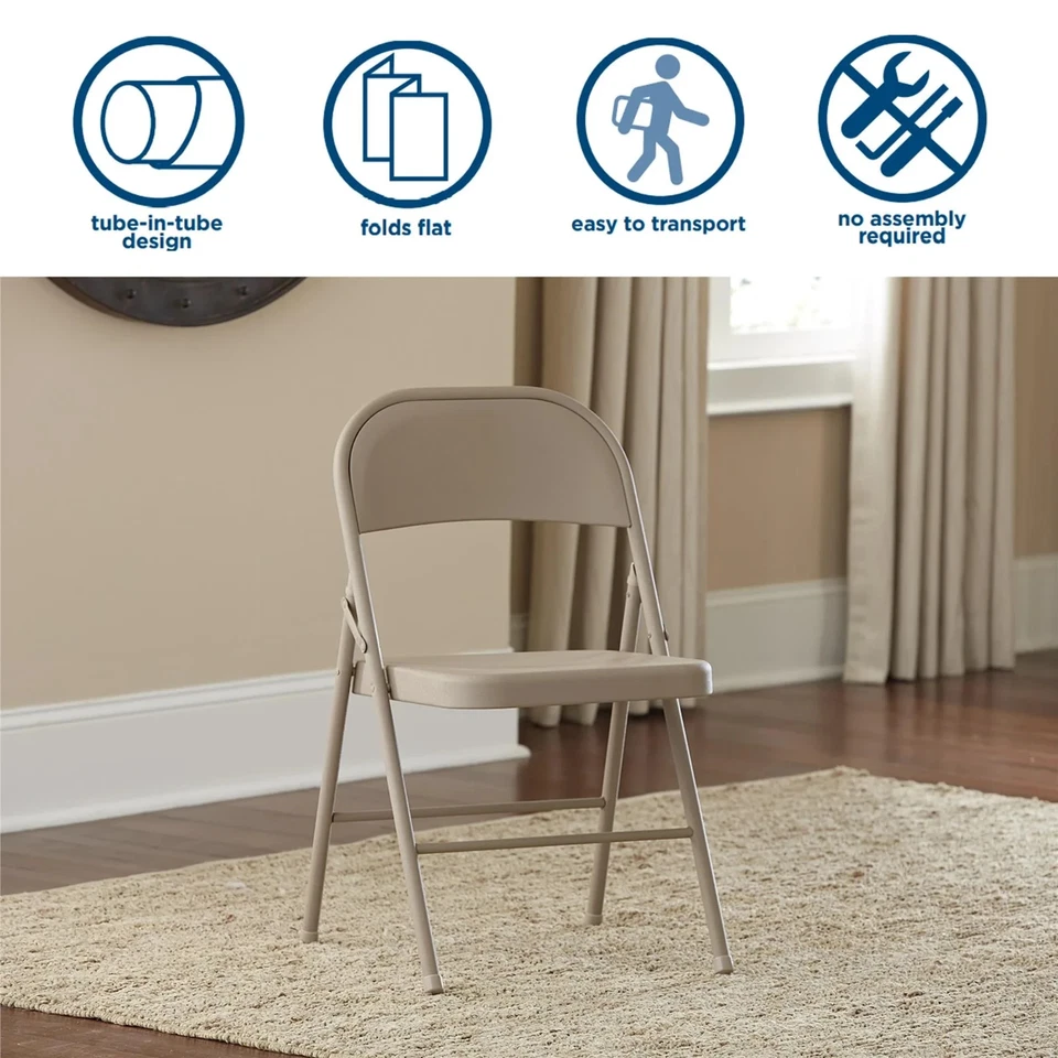 Silla Plegable Mainstays Todo Acero Metal, Beige, Paquete de 4 Foto 4 de 4