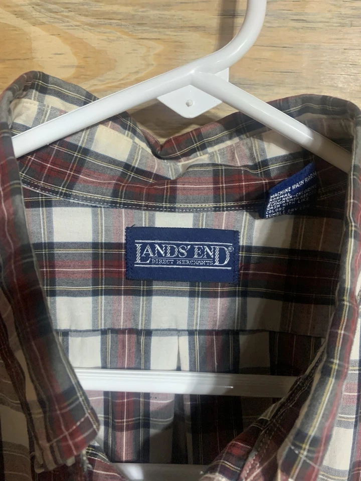 VTG Lands’ End Plaid Button Down Shirt 16.5/34 XL Made in Hong Kong Cotton - Image 3 of 4