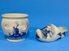 VTG Delfts Blauw Crocus Bowl/Bulb & Clog Planters  Hand Painted Windmill Holland