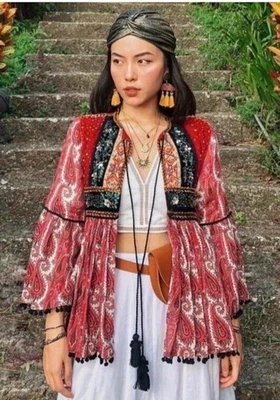 ZARA Embroidered Velvet Sequin Beaded Ethnic Boho Hippie Cotton Kimono Jacket M - Image 1 of 4