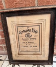Antique Canada Life Assurance Certifcate W K R Browne. 1926