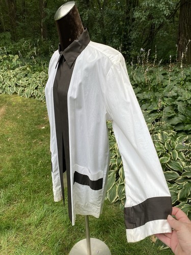 Norma Kamali, Vtg NORMA KAMALI White Black Cotton Open Jacket Size Small Single Button Neck