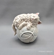 Vintage Kitty Frolic Ceramic Coin Bank, Sleeping Fluffy White Cat On Yarn Ball