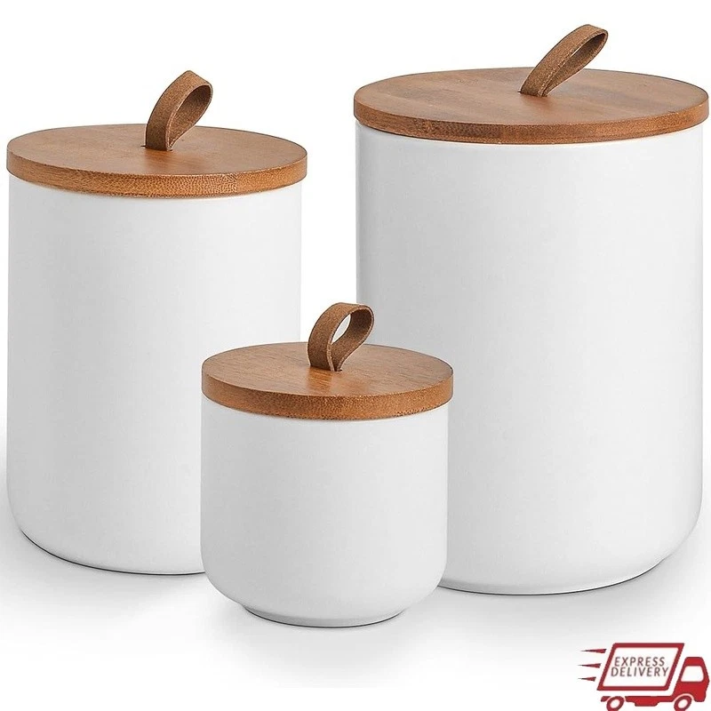 Ceramic Canister Set Airtight Bamboo Lid Kitchen Storage Easy Access Durable New