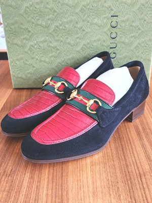 $1270 Brand New Gucci Women Moccasin Shoe Leather Suede Red Black EU 36 US 6