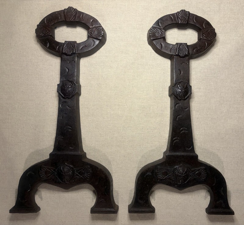 Antique Mission Arts & Craft ANDIRONS Cast Iron GOTHIC Key Hole -Late 1800’s