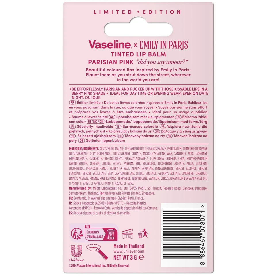 Vaseline LP Lip Balm with Colour Emily Parisian Pink 3g 24-Hour Moisturising ... - Image 3 of 4
