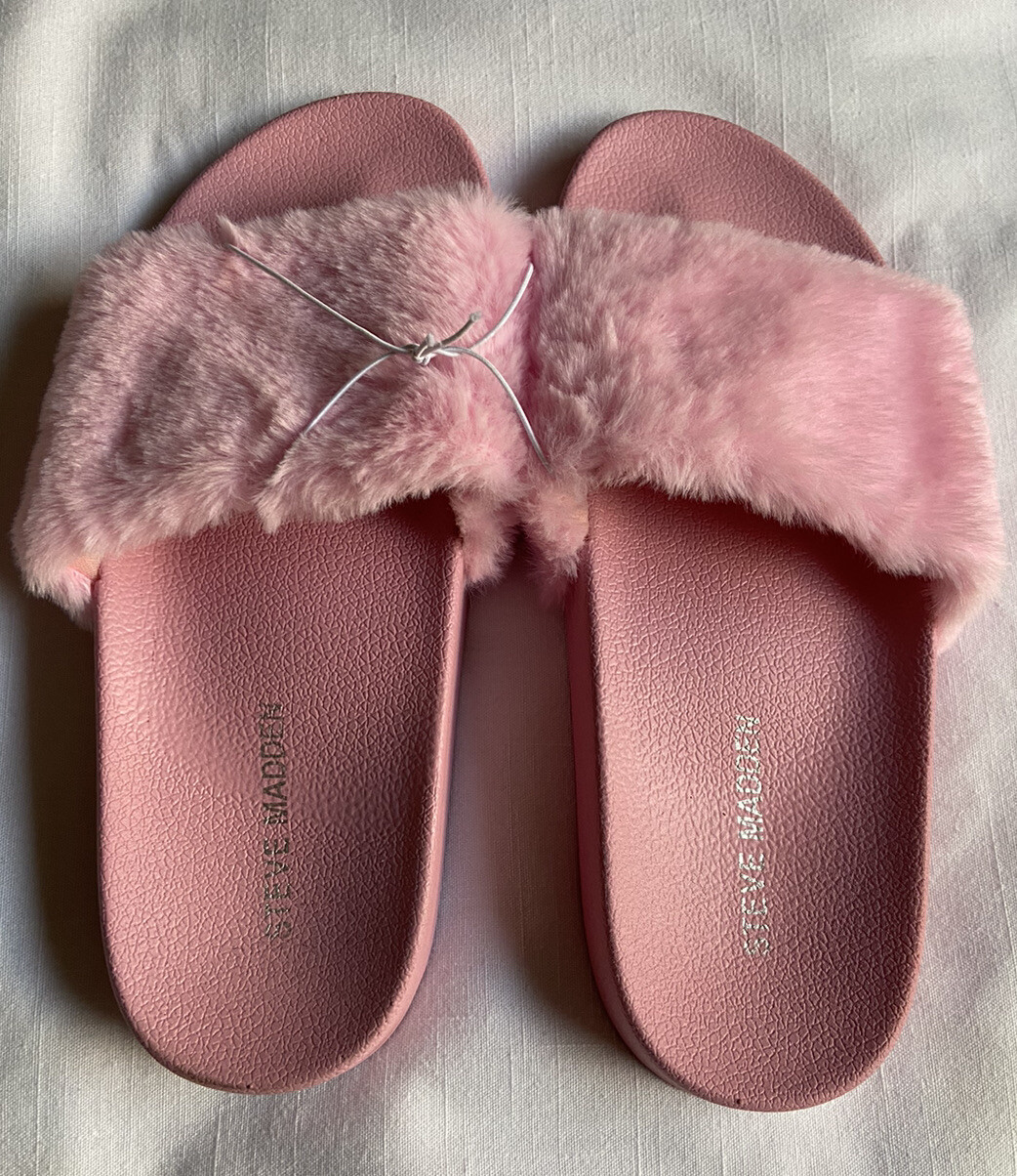 NWT STEVE MADDEN Pink Faux Fur Slide SLIPPERS - Women's Size 8 | eBay