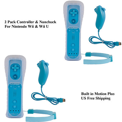 2x Wii&Wii U Motion Plus Remote Controller Joytisk+ Nunchuck+Case for Will U