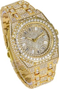 Authentic Men Full Iced Band Simulated Diamond Gold Silver Rose Gold Plated Hip Hop Watch