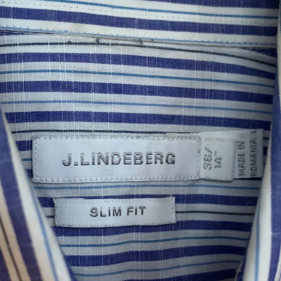 Camisa de vestir J Lindeberg azul blanco PJ a rayas calce ajustado con botones talla 36/14 Foto 3 de 4