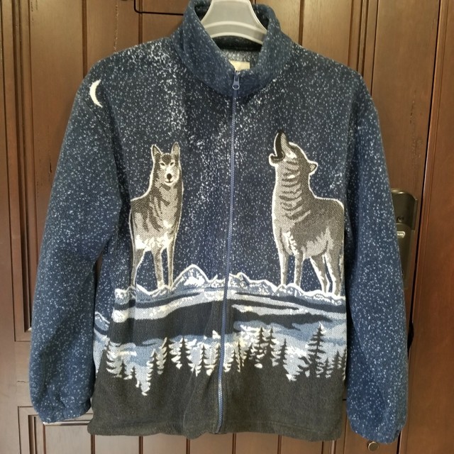 Kokopelli Women Size Large Jacket Full Zip Blue Wolf Wolves Print Full