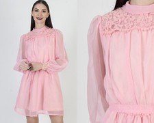 Vintage Pink Belted Bridal Dress Lace Poet Sleeve Chiffon Victorian Sheer Mini