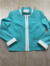 VTG St John Sport Marie Gray Turquoise Teal White Trim Zip Front Jacket Womens L