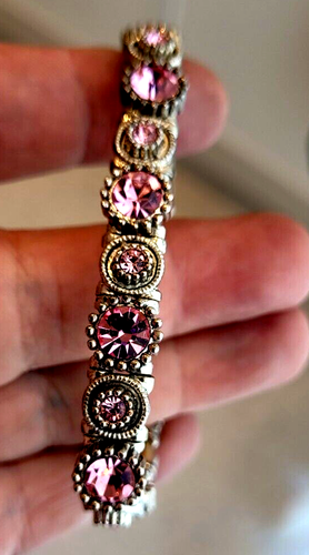 Silvertone Metal Elastic/Stretch Bracelet w/Round Pink Faux Gems & Aleyole Pouch - Picture 14 of 24