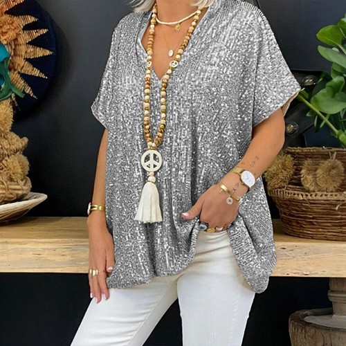 Women Sequin V-Neck Tunic Tops Glitter Shiny Short Sleeve Party T-Shirt Blouse - Picture 6 of 26