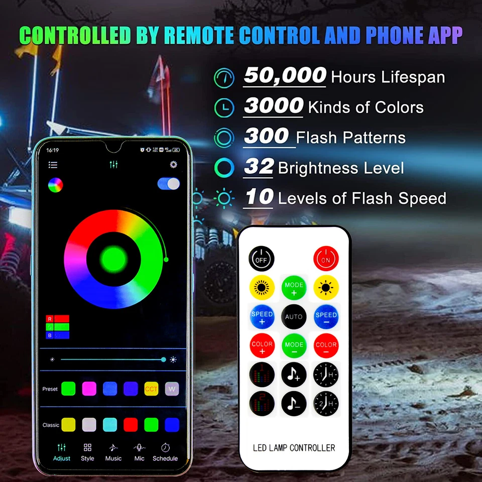 Pair 4ft RGB Spiral LED Whip Turn Signal Brake Light Antenna With Flag & Remote - Image 2 of 4