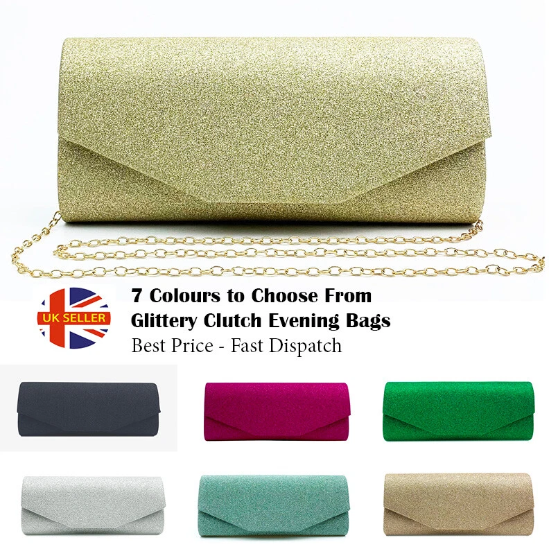 Women's Glitter Clutch Bag Chain Diamante Evening Prom Bridal Wedding Handbag UK