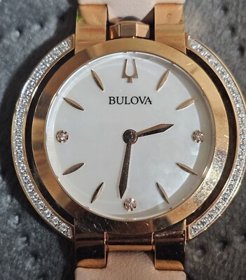 98R267 BULOVA WOMEN'S RUBAIYAT ROSE GOLD CASE PINK LEATHER WATCH M-14